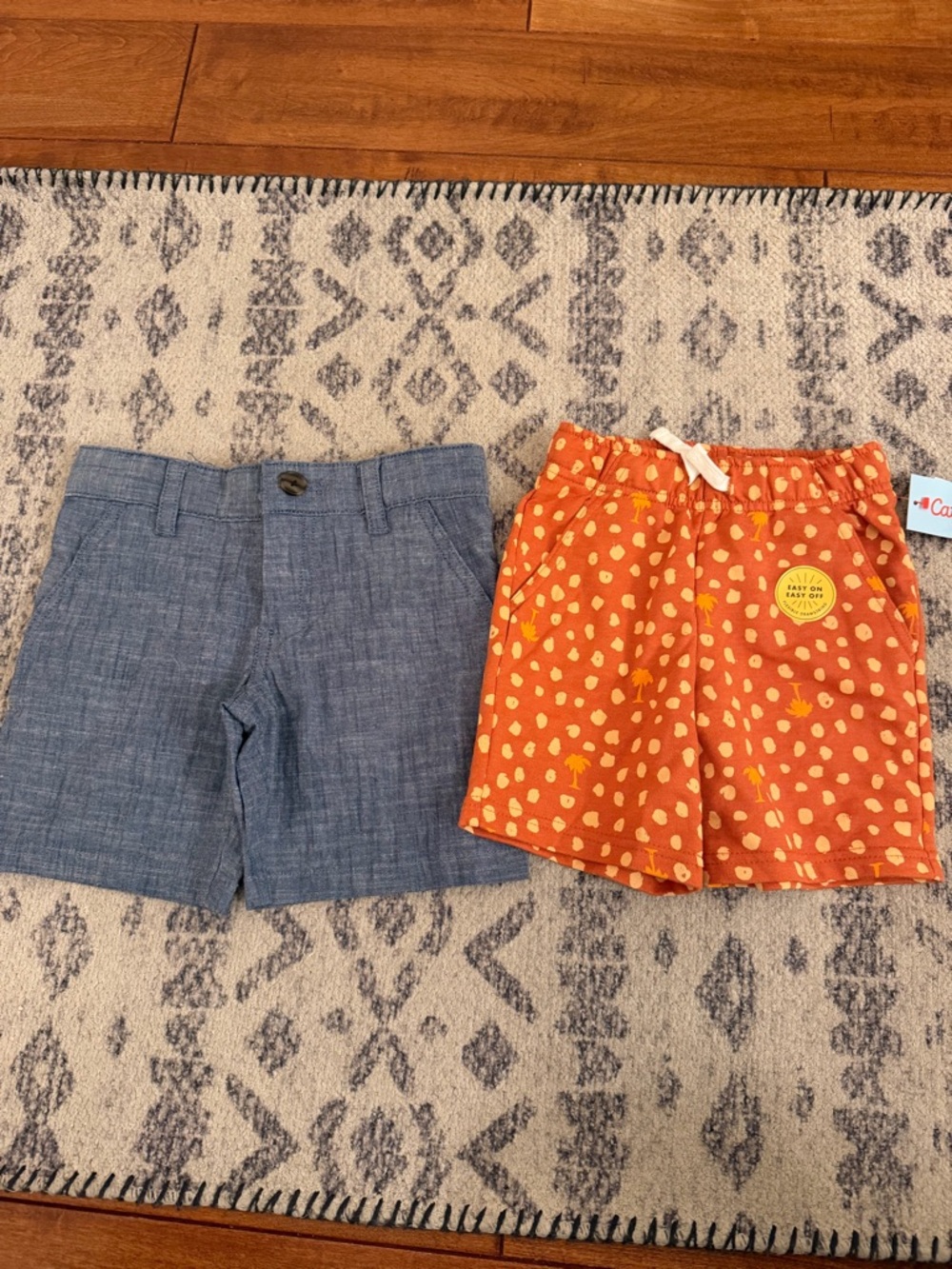 Boys Cat & Jack Orange Dot Palm-Print Pull-On Shorts & blue flat front shorts